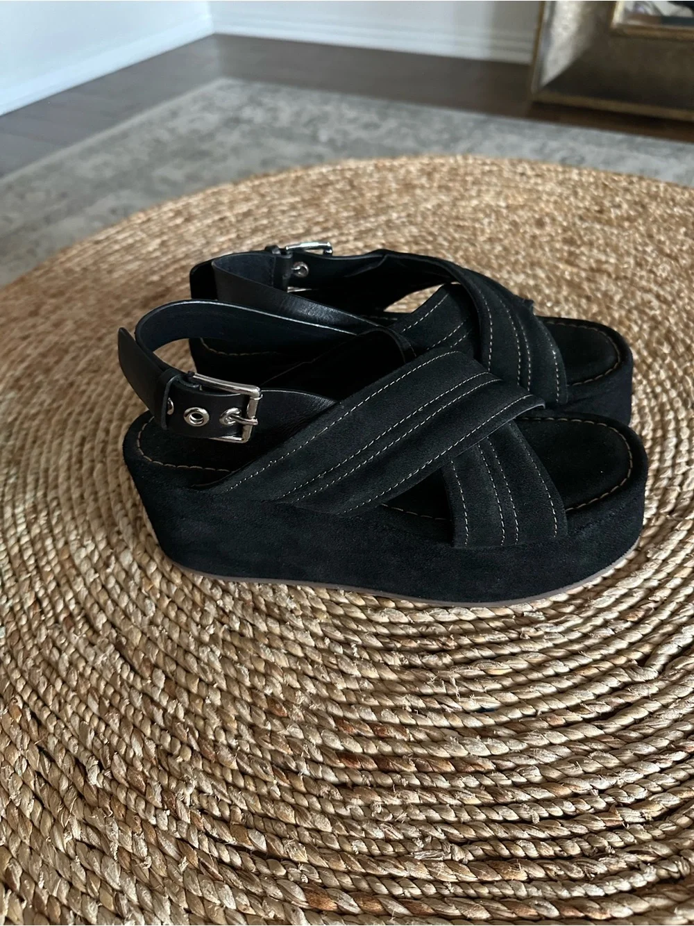 Free People Beach Party Platform Sandal in Black Suede Size 7.5